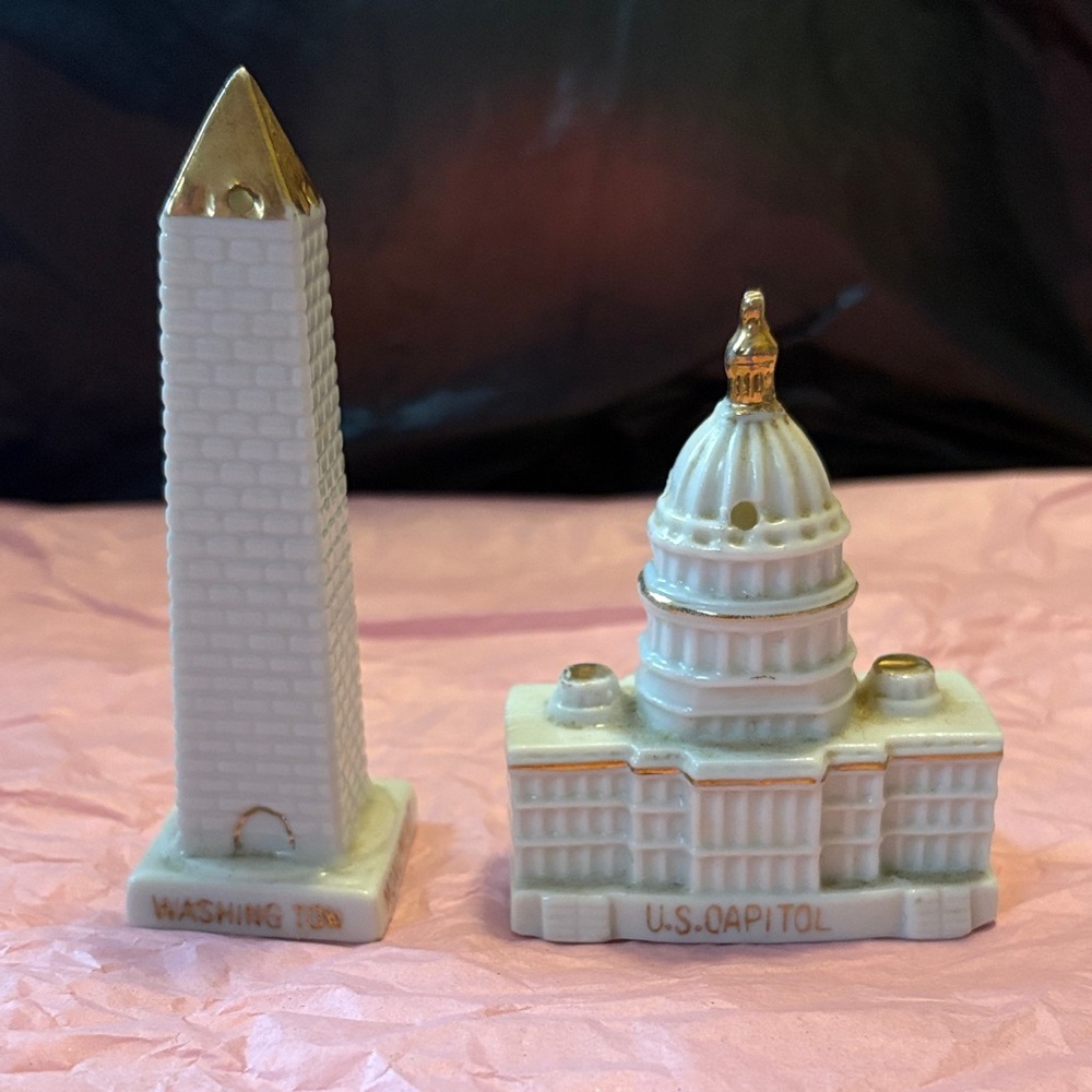 White Ceramic Washington Monument & U.S. Capitol Salt Shaker Set Gold Accents